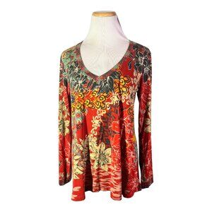 Johnny Was Size M Stretchy Jersey Knit Long Sleeve Tee Print Bamboo